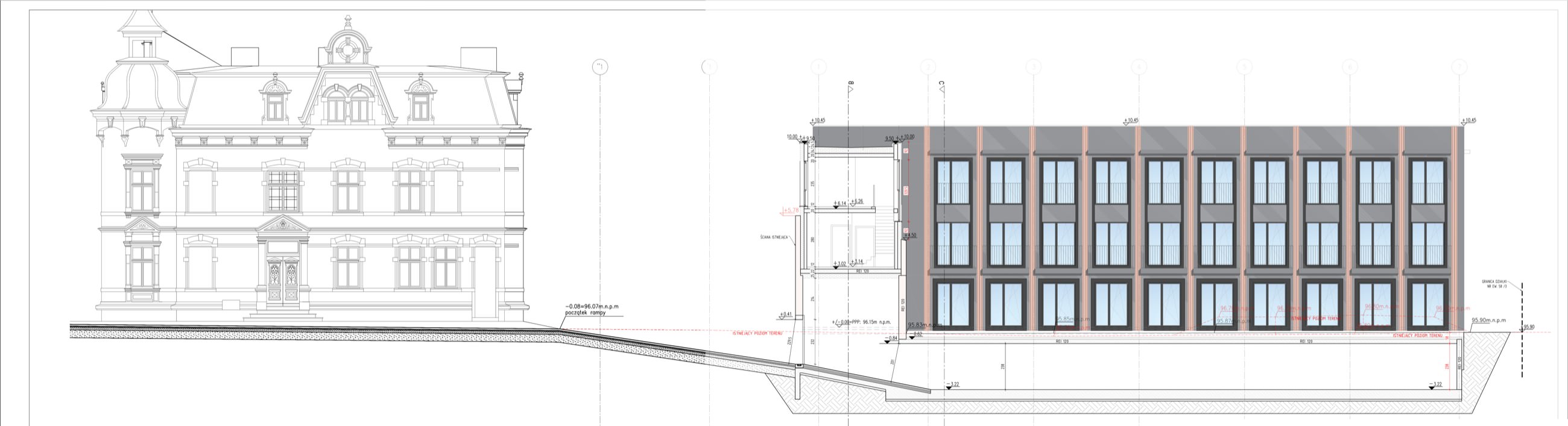 Rzut boczny — przekrój B-B, projekt budowlany